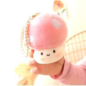 Pink Cap mushroom plush keychain pearl handle gift accessory decor